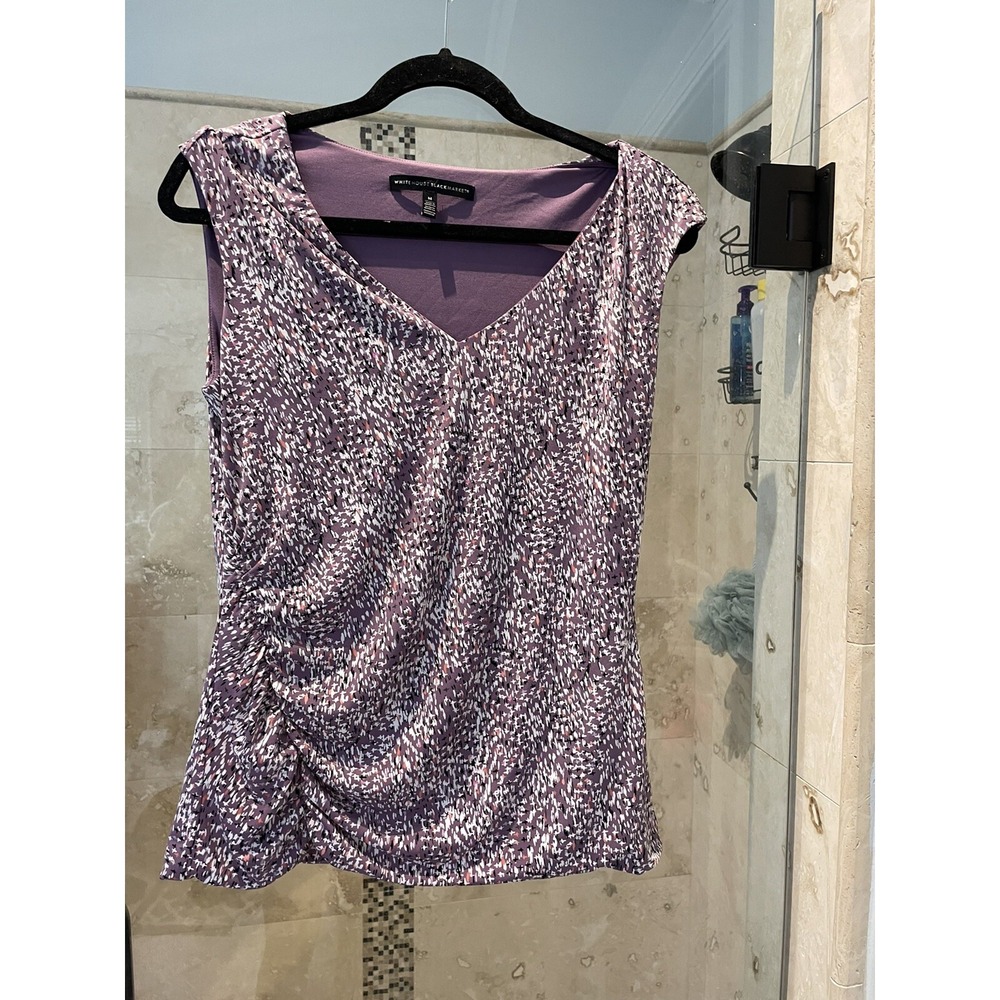 WHITE HOUSE BLACK MARKET Sleeveless Knit TOP Ruched PURPLE Black V-Neck Summer M